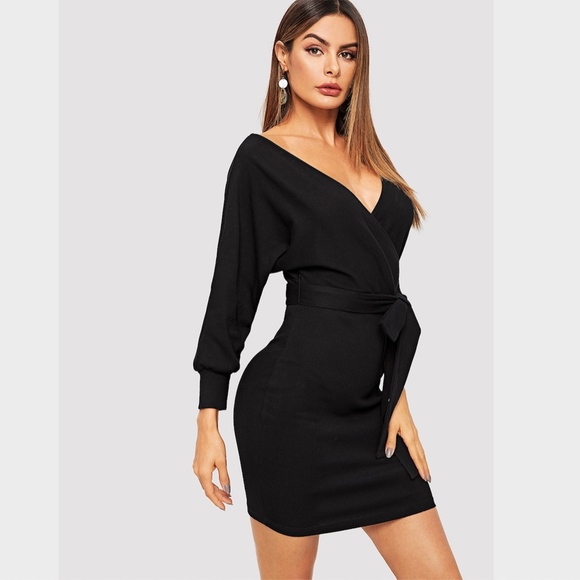 New! Batwing Sleeve Self-Tie Wrap Dress Black - Picture 3 of 7